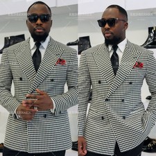 Houndstooth Men's Suit Business Formal Jacket Tuxedo Double Breasted Workwear