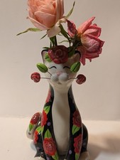 WhimsiClay Vintage Roselle Black  Red Floral Cat Bud Vase by Amy Lacombe