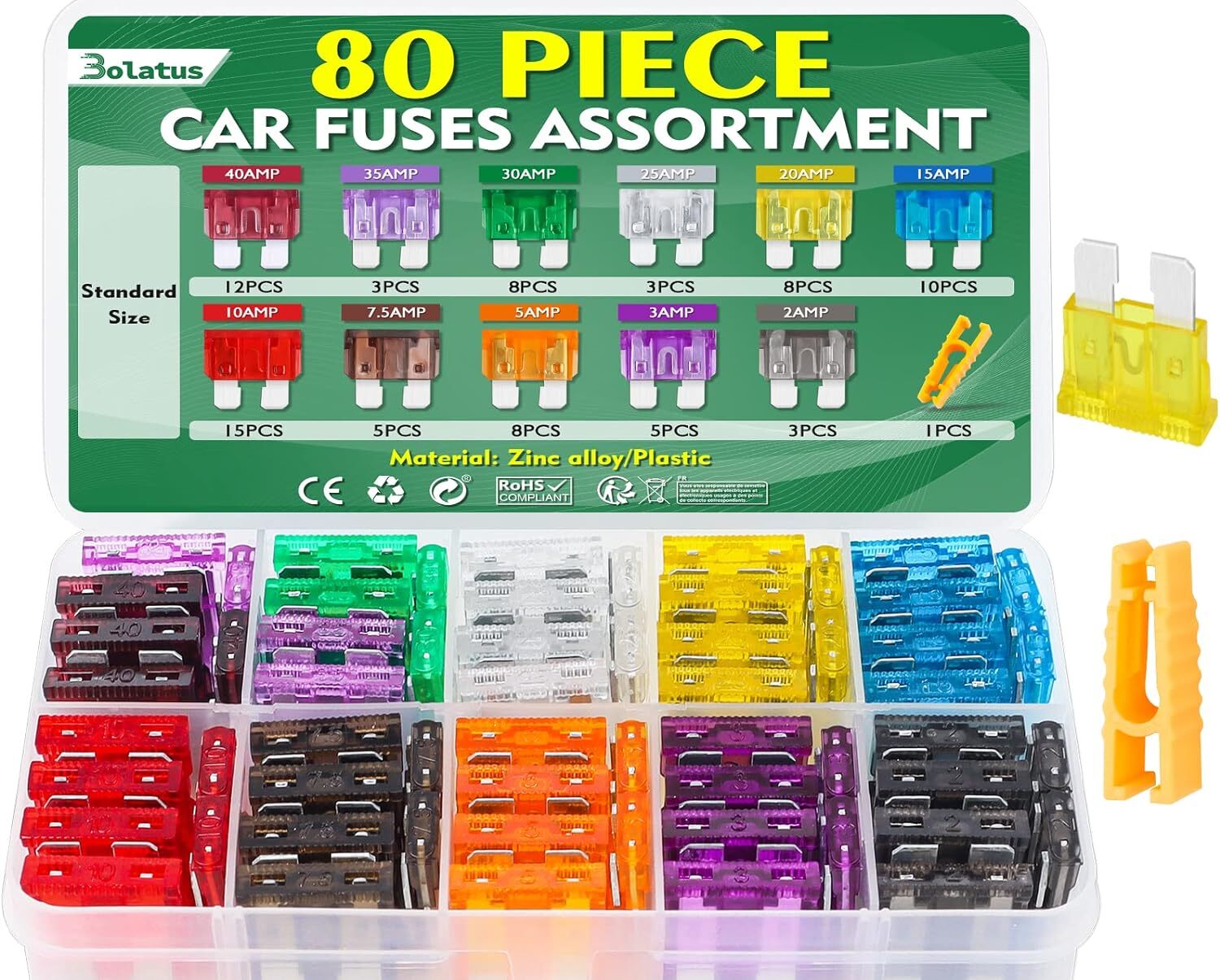 Bolatus 80Pcs Fusibili Auto Medio, Fusibili Auto Assortiti 2A 3A 5A 7.5A 10A 15A