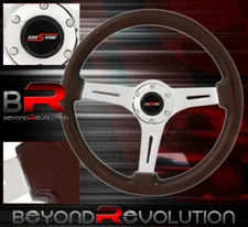 350mm Dark Wood Grain Silver 3 Spokes Steering Wheel Godsnow Button Horn Badge
