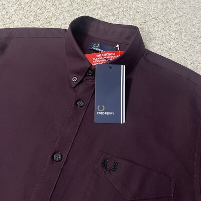 Fred Perry Shirt Long Sleeve Oxford Burgundy Mens Mod 60s - BNWT - Size Large