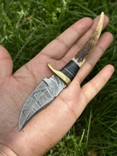 Handmade Forged Knife USA Hunting Skinner Knife Damascus Stag Antler Military