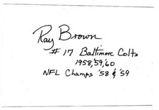 Ray Brown Signed Index Card / Autographed NFL Football Baltimore Colts