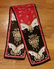 SCARF long rectangle 51x10” black red gold, coat of arms crest tassel poly-satin