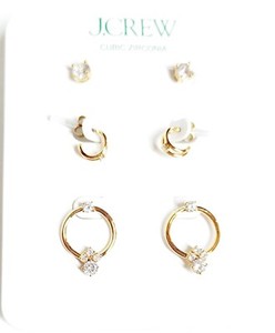 Authentic J.Crew Round Cubic Zirconia Earring Set of 3 in Burnished Gold Plated NWT