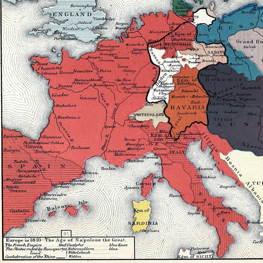 1873 Labberton Map Europe in 1810 Napoleon France Bavaria - N