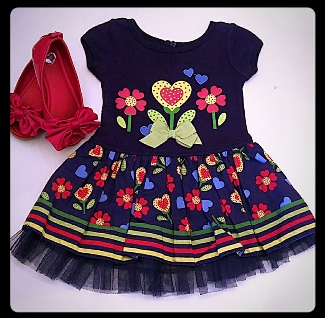Youngland Baby Girls Dress Size 12M Navy Blue Floral Heart Tulle Drop Waist  | eBay