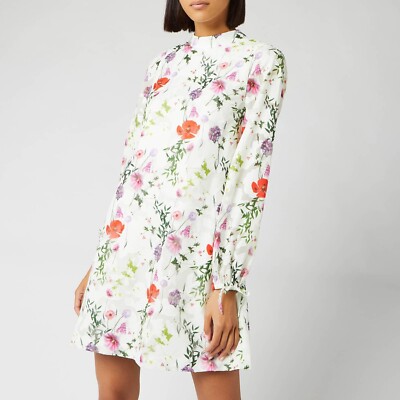 $315 TED BAKER Imane Tie Cuff High Neck Floral Tunic/Dress Size