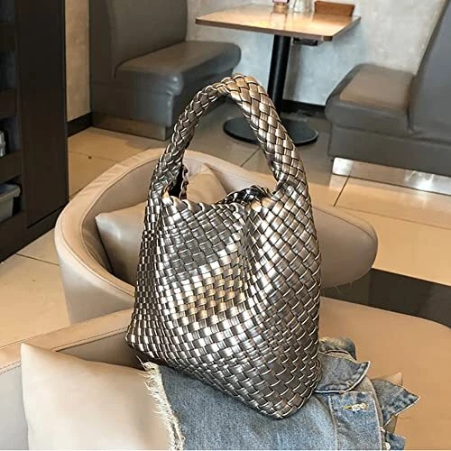 Bolsos de cuero tejido para mujer anudados para mujer bolso de mano diseñador hombro plateado Foto 2 de 4