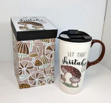 Mushroom Mug Let That Shiitake Go Travel Cup Gift Box 17oz Ceramic Evergreen