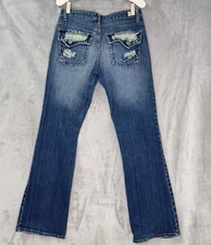 Vintage BONGO Y2K flared jeans Sz 9 Tweed Inserts patch Flap Pockets Rhinestones