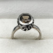 Heavy Sterling Silver Smoky Quartz Vintage Ring With Detailed Scroll Work Size 9