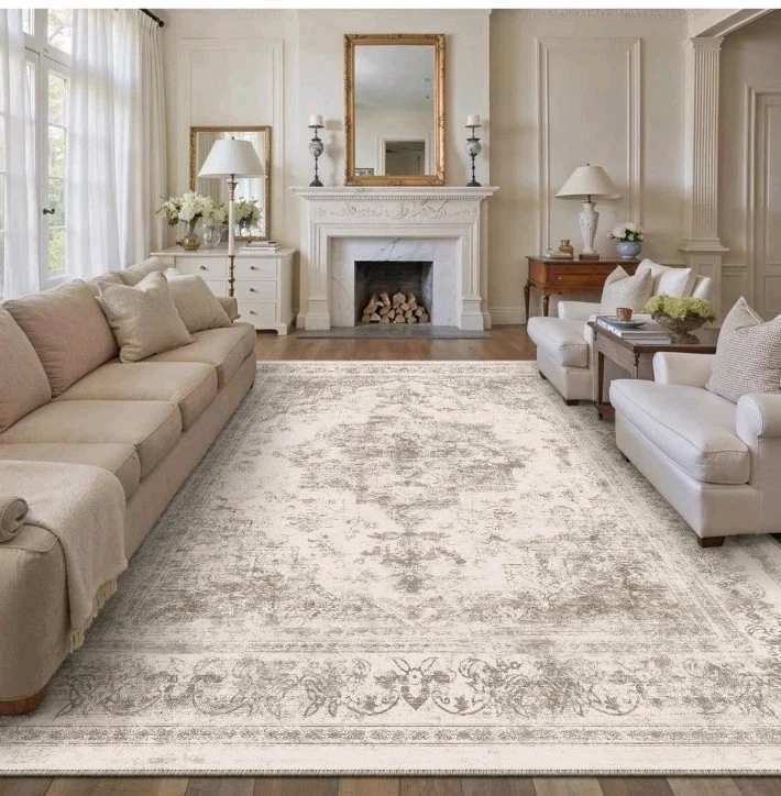 New 3x4m Area Rug -Classic Vintage Pattern, Beige, Non-Slip.