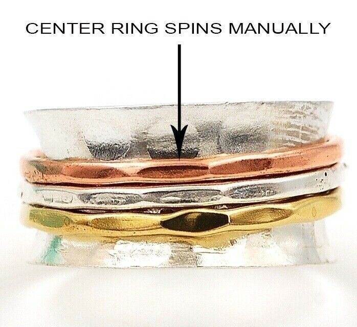 Three Tone Meditation Spinner 925 Sterling Silver Band Ring Sz 7