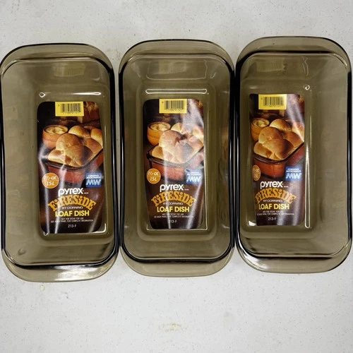 3- Vtg Pyrex Fireside Amber Glass Loaf Pan 213-F Quart Oven Baking Dishes- NEW