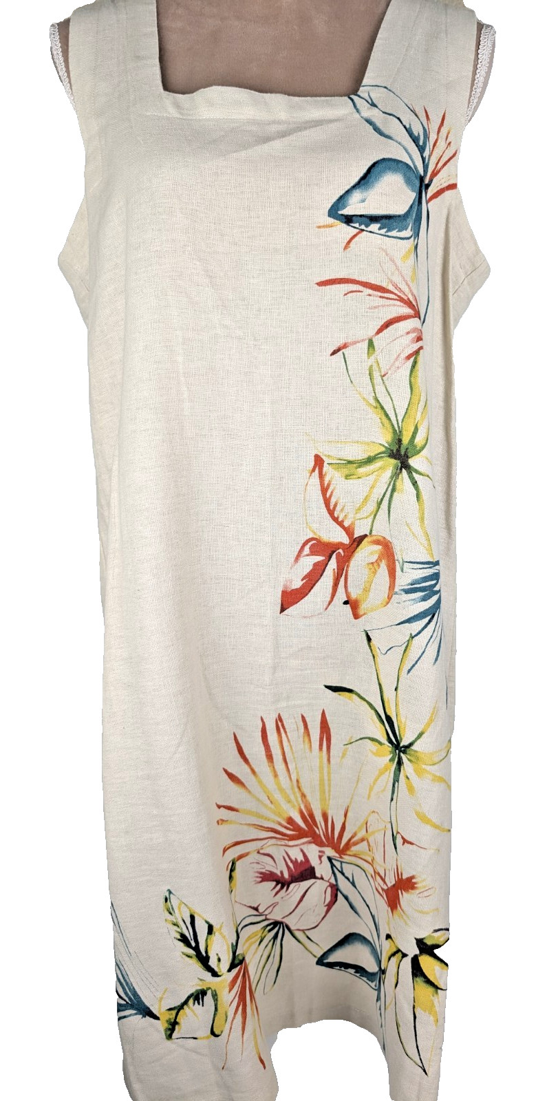 For Cynthia Linen Shift Dress Floral Tan Sz Medium Beachy Coastal Tropical Boho