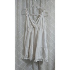 White Boho Pom Pom Tie Shoulder Tassel Hem Tiered Mini Dress Womens Large