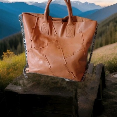 Falor Camel leather Patchwork tote with detachable chain strap bag