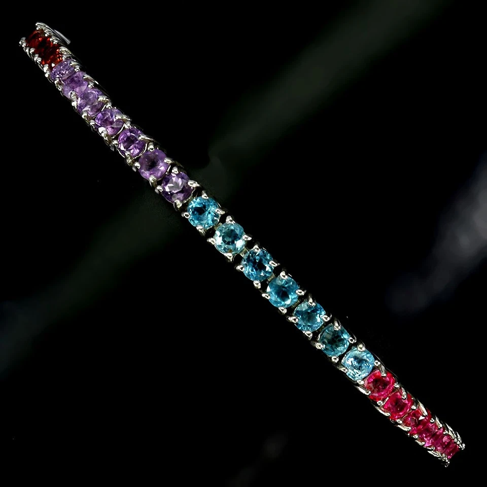 925 Sterling Silver Bracelet Round Amethyst Topaz Garnet Peridot Gemstone - Image 2 of 4