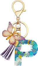 Initial Letter Keychains for Girls Women Pink Purple Green Cute Butterfly Heart