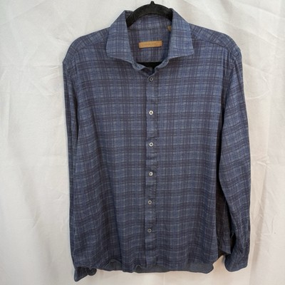 Corneliani Button Up Cotton Shirt Made In Italy Blue  Gray Plaid Mens Size 16/41