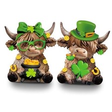 2 Pcs St. Patrick's Day Highland Cow Figurines Irish Leprechaun Shamrocks