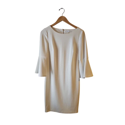 OFF WHITE Abito tubino Calvin Klein tg 8 bianco sporco manica svasata matrimonio primavera