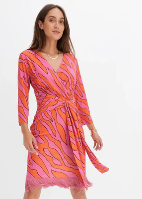 Freemans Pink Orange Fransen Saum Wickel Midi Kleid Plus UK 18/20 (fm232-5)