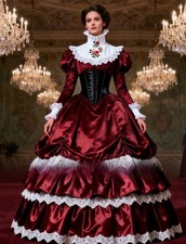 Customized Mid Century Burgundy Victorian Ball Gowns High Neck Long Sleeves Lace