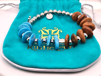 Rustic Cuff Art Deco Beaded Bracelet Brown & Blue