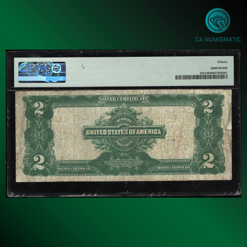 Fr.253 1899 $2 TWO DOLLARS SILVER CERTIFICATE NOTE "MINI PORTHOLE" PMG 15, 20214 - Picture 2 of 2