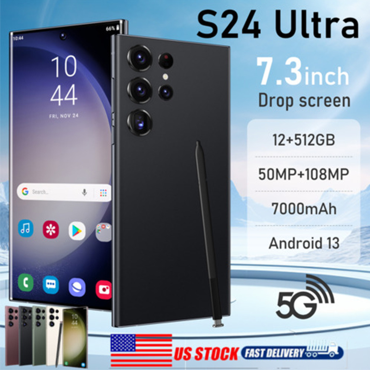 Android 13 S24Ultra 5G Smartphone 7.3" Factory Unlocked 4/8+256GB Mobile Phone