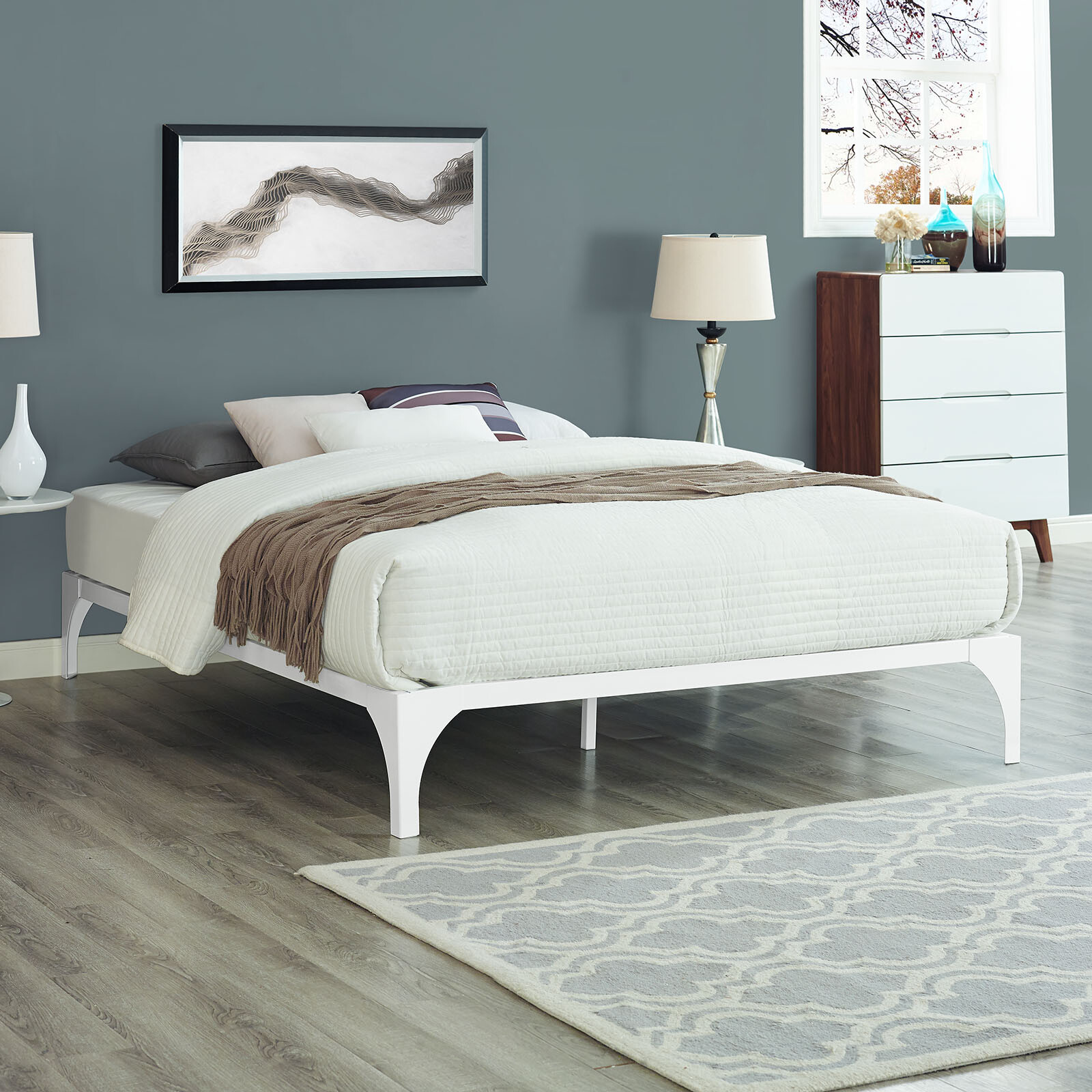 Contemporary Modern Steel Metal Full Platform Bed Frame With Wood Slats in White