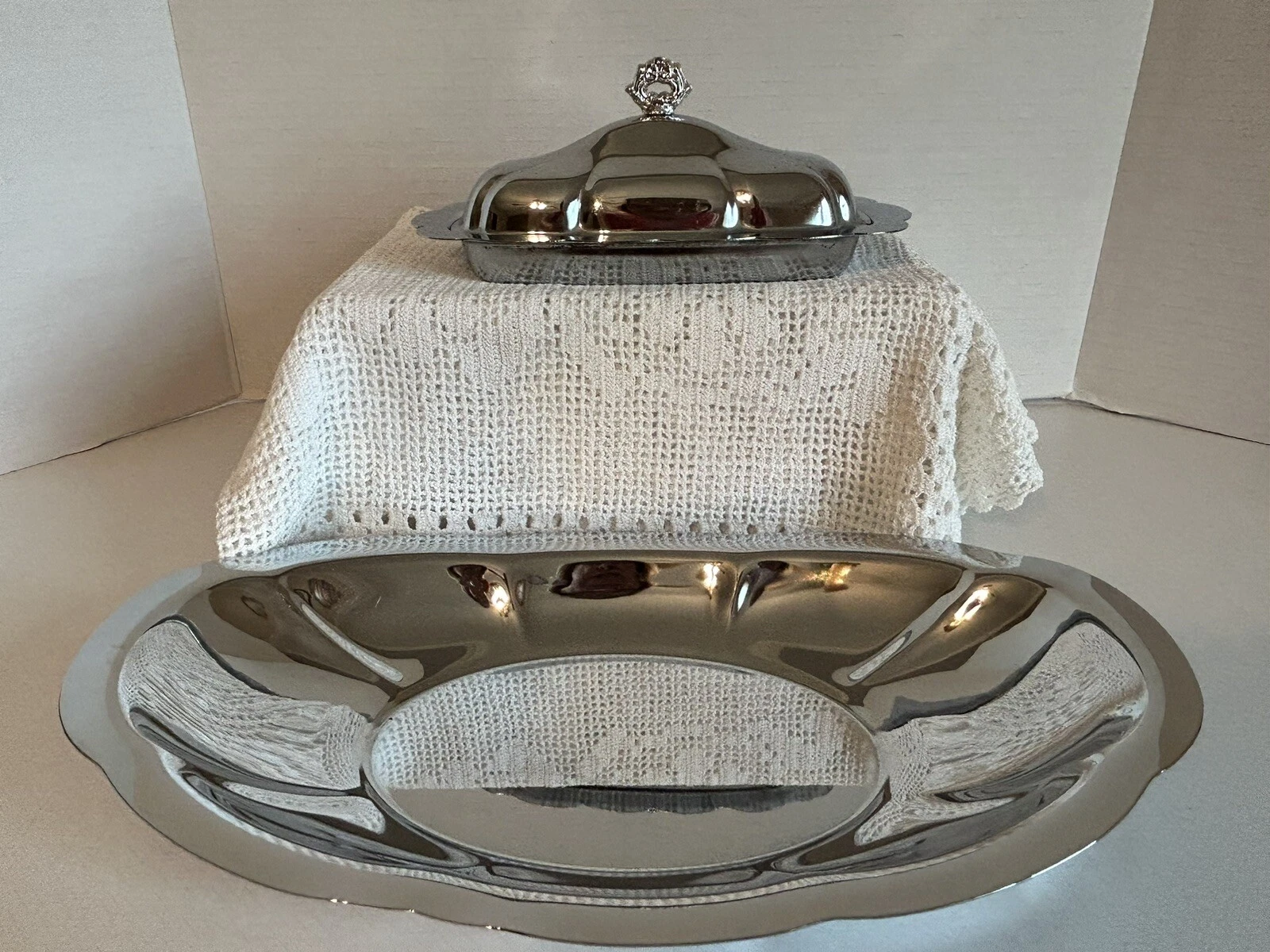 Vtg Chrome-plated Butter Dish with Lid Cloque and Glass Insert & Bread Tray MCM