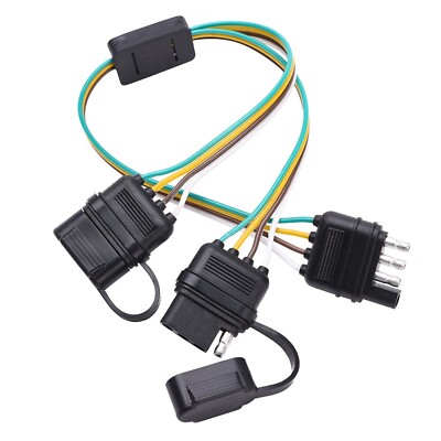 Flat 4 Pin Trailer Wiring 2-Way Y-Splitter Extension Cable Towing Wire Harness