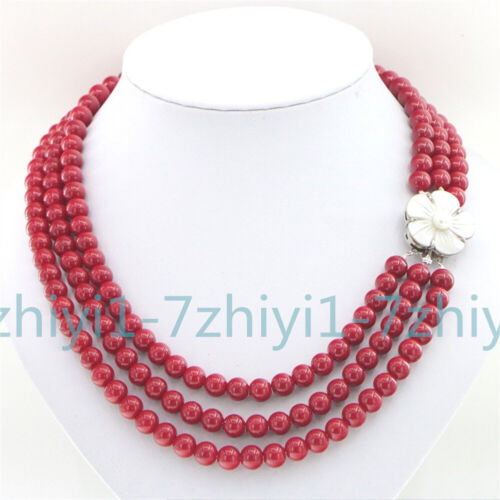 3 Reihen rote Koralle 6-10 mm runde Perlen + weiße Mutterschale Blumenverschluss Halskette - Bild 1 von 27