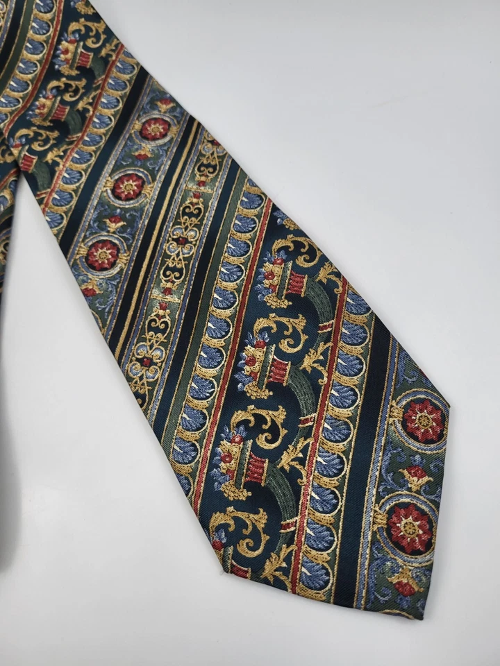 Bill Blass Silk Tie Blue Gold Red Baroque Geometric Necktie Short USA 55 x 3.75 - Image 3 of 4