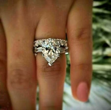 4.45Ct Pear Cut Simulated Diamond Engagement Bridal Ring Set 14K White Gold