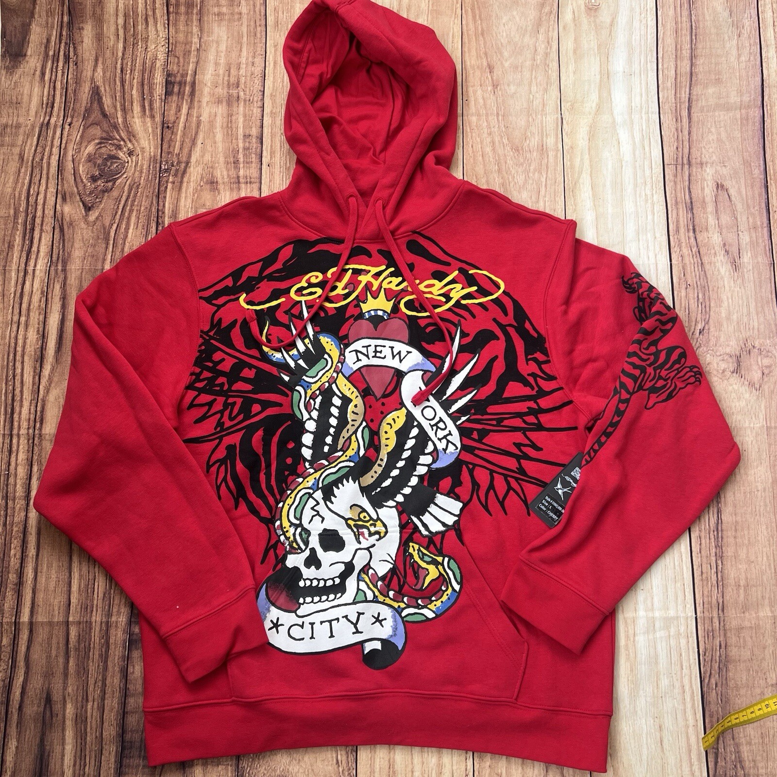 Ed Hardy Hoodie Men Sz L Red Skull Graphic Tiger New York City Tattoo Pullover