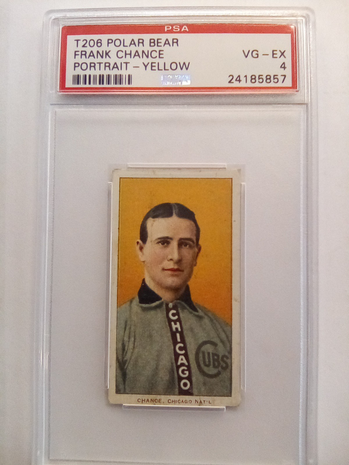 1909 T206 Polar Bear Back Frank Chance (Portrait Yellow Background) PSA 4 VG-EX