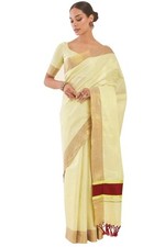 Women's Tissue Kasavu Saree with Colour Striped Pallu and Unstitched Blouse