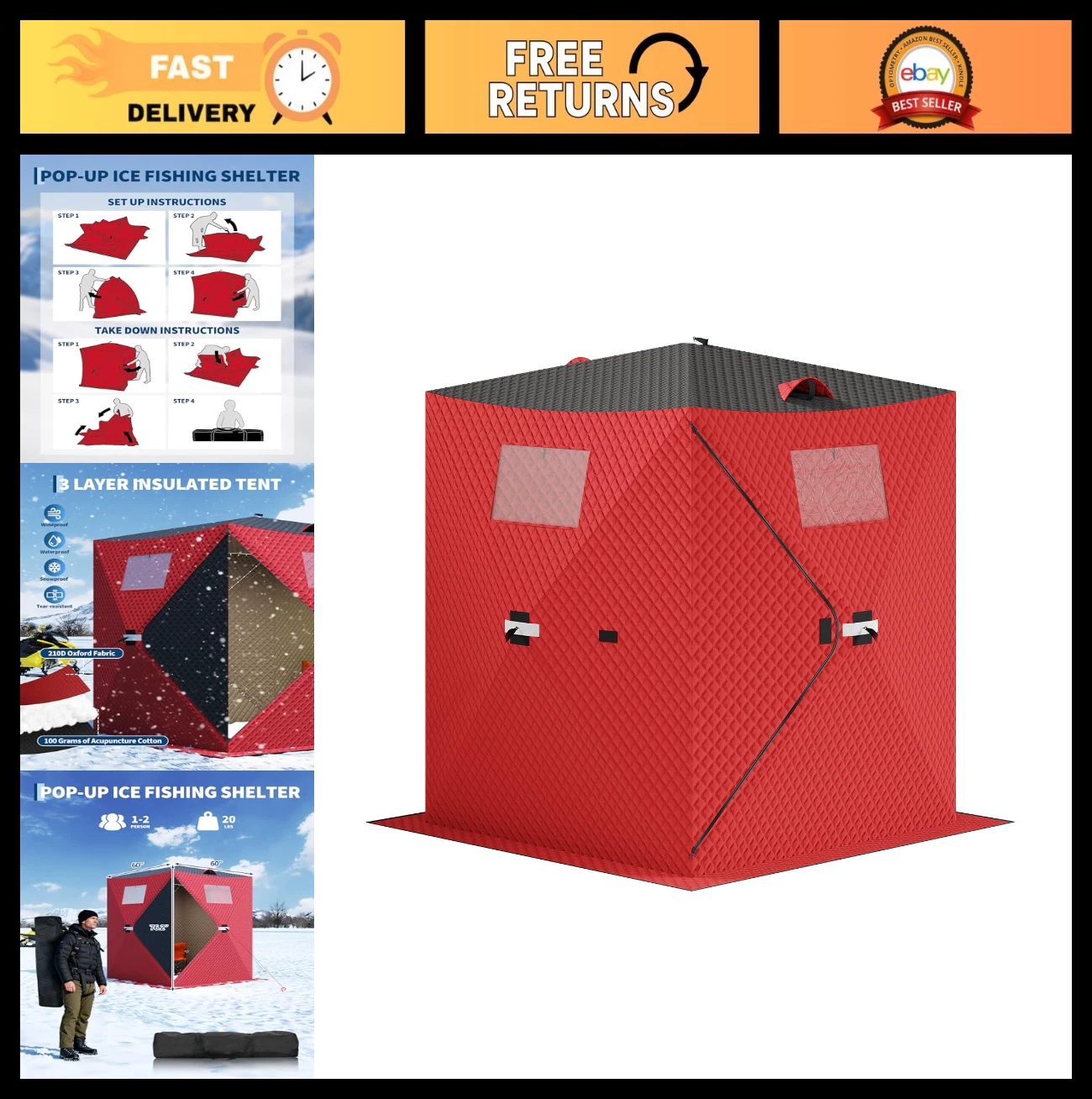 Pop-up Ice Fishing Tent for 1-8 People, Insulated Portable Shelter with Carry Ba