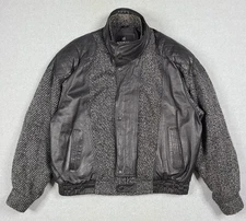Vintage Bermans Black Gray Patterned Leather Wool Bomber Jacket L Biker 80s