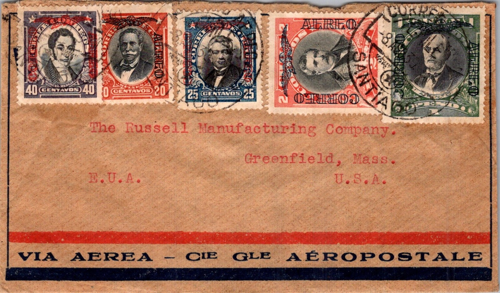 CHILE 1930 AIRMAIL COVER VIA AEROPOSTALE MULT FRANK ADDR USA POSTMARK SANTIAGO