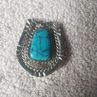 VINTAGE BOLO TIE SLIDE~SILVER TONE/FAUX TURQUOISE STONE~1. 1/4" WIDE — photo 1
