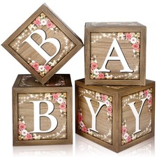 Baby Boxes with Letters for Baby Shower, Rustic Floral Brown Blocks Bear Box ...