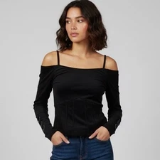 KILLSTAR Black Top Medium Off Shoulder Corset Long Sleeve Fitted Goth Punk Emo