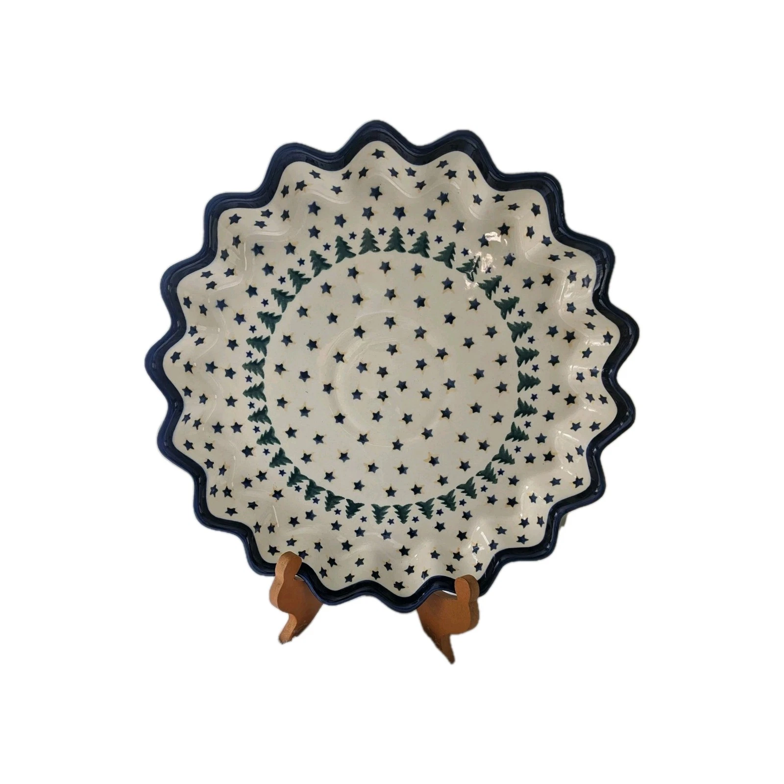 Boleslawiec Polish Pottery 13" Tree Star Blue Green Yellow Scalloped Pie Dish
