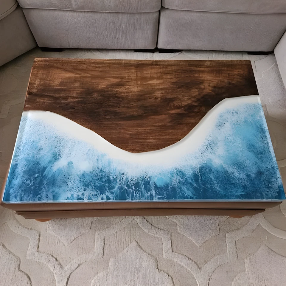 36"x24" Ocean Wave Resin Epoxy Wood Center Dining Table Kitchen Slab Furniture - Image 3 of 4