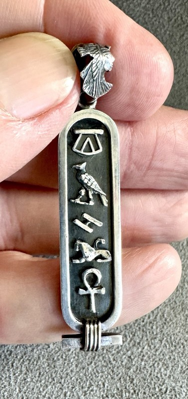 Vtg STERLING Silver HIEROGLYPHIC PENDANT Pharoah Bail ANKH Egypt - 2" - Signed